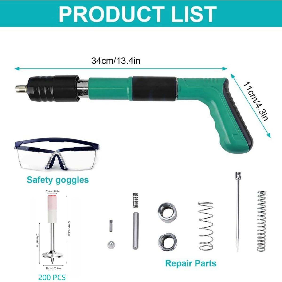 Concrete Manual Nail Gun Kit with 200 Round Nails, Mini Steel Nail Gun, Pistola De Clavos, Air Nailer Combo Kit, Pistola de Fijación - Easy to Use with Protective Gear Included QZQUFJ