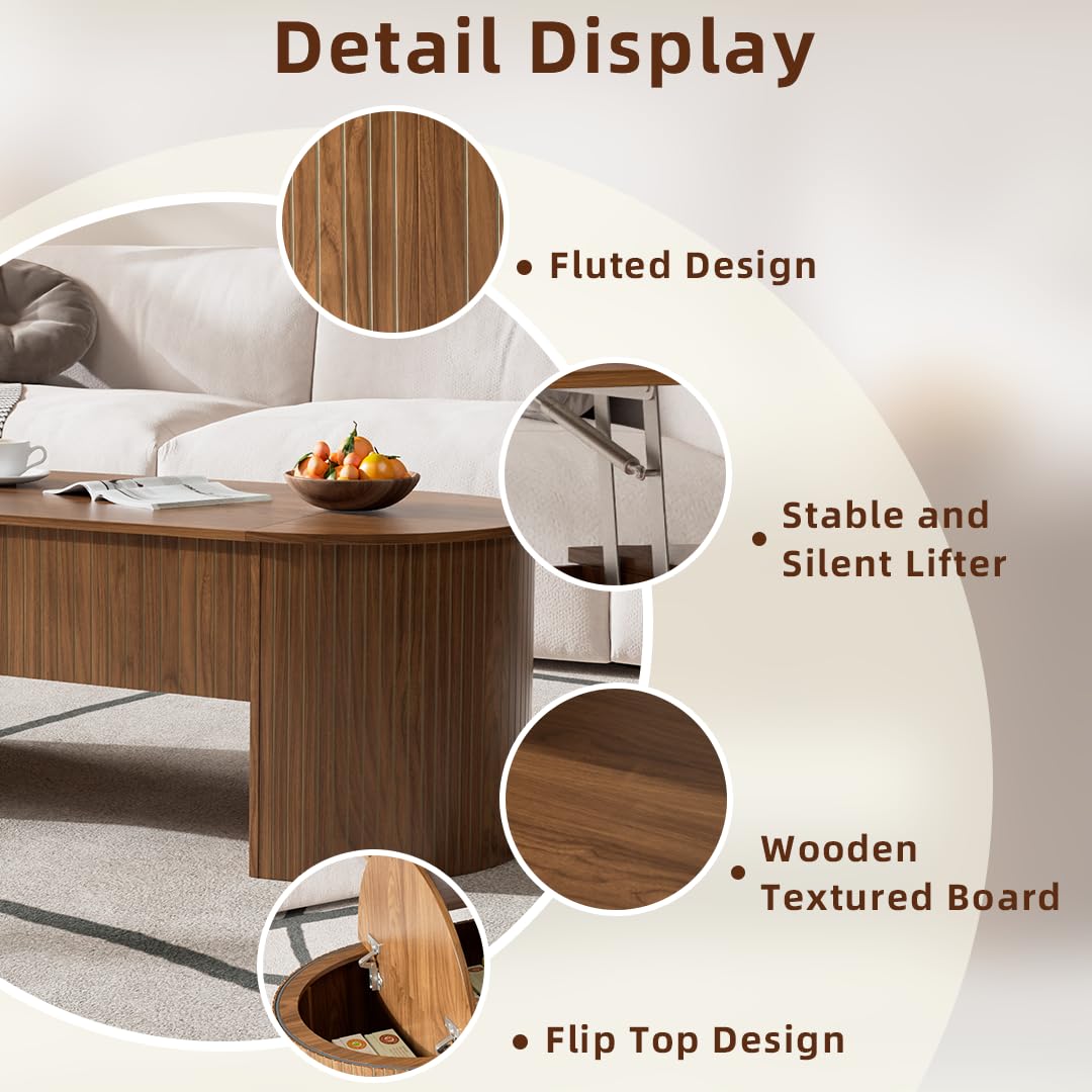 Oval Lift Top Coffee Table with Hidden Storage, Mid Century Modern Coffee Table with Lift Tabletop for Living Room, 47 Inch Large Wooden Center Table for Home Office (Walnut) Jimmhome