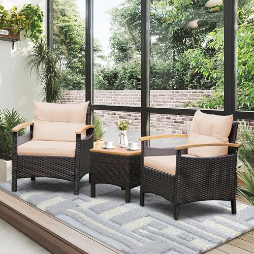 Tangkula 3-Piece Patio Furniture Set, Patiojoy Outdoor Rattan Sofa Set with Coffee Table, Patio Conversation Set with Removable Cushion, Cozy Acacia Wood Armrests for Backyard, Poolside (Beig - WoodArtSupply