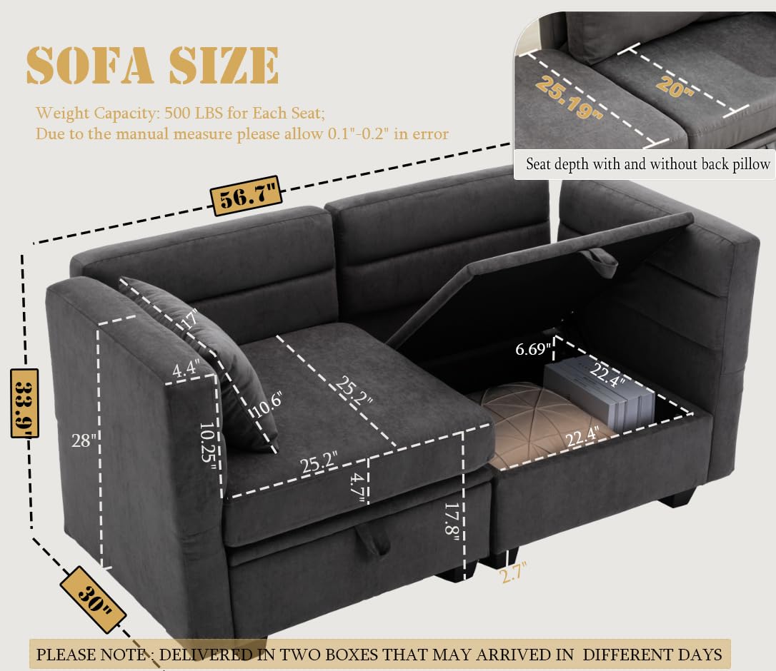 asunflower Loveseat with Storage Seats Modular Sectional Small Couch for Small Spaces with Reclining Arms and Backs 2 Seater Couch Mini Sofa Love Seat for Bedroom,Dorm Room, Living Room(Grey) asunflower