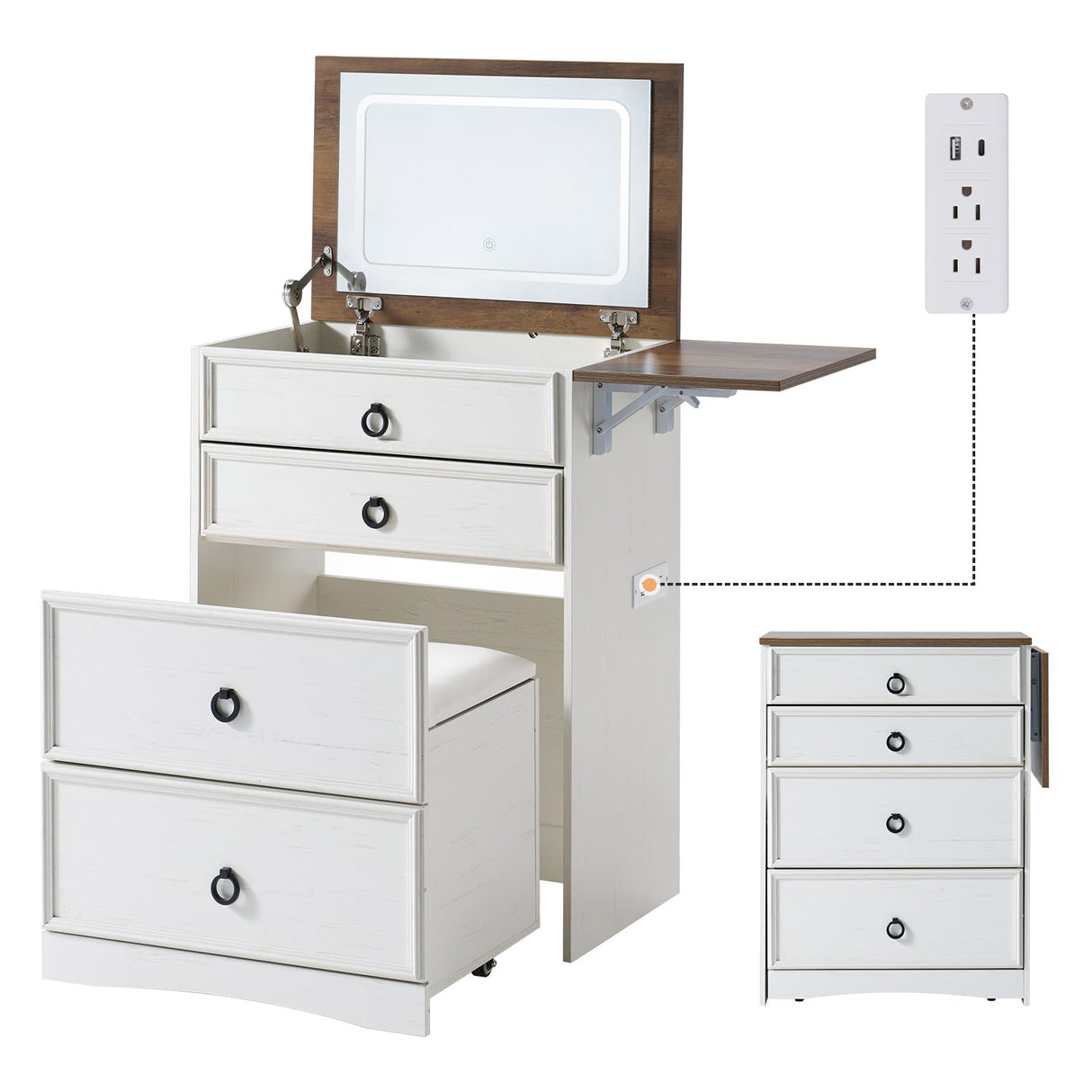 AMERLIFE 3-in-1 Makeup Vanity with Sliding Stool, Fold-up Panel, Divided Storage & Power Port, Farmhouse Makeup Table with Adjustable LED Light, for Small Space, White & Barnwood AMERLIFE