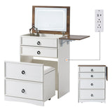 AMERLIFE 3-in-1 Makeup Vanity with Sliding Stool, Fold-up Panel, Divided Storage & Power Port, Farmhouse Makeup Table with Adjustable LED Light, for Small Space, White & Barnwood AMERLIFE