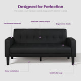 TYBOATLE Sofa Couch 62" W Loveseat w/ 2 USB Charger Ports & 2 Cupholders, Mid-Century Modern Tufted Black Faux Leather Small Love Seat Couches for Office,Compact Living Room,Bedroom,Apartment,Dorm TYBOATLE