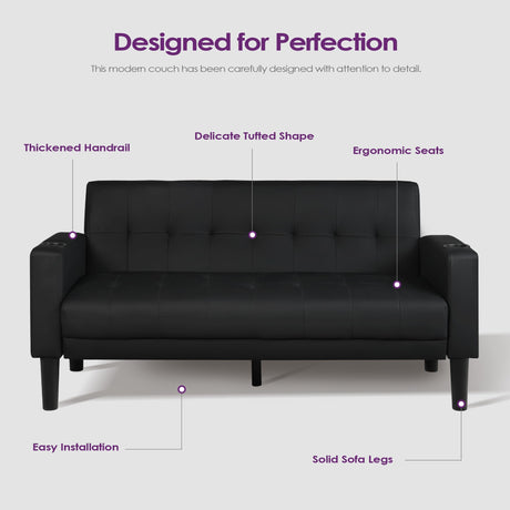 TYBOATLE Sofa Couch 62" W Loveseat w/ 2 USB Charger Ports & 2 Cupholders, Mid-Century Modern Black LeatherTufted Small Love Seat Couches for Office,Compact Living Room,Bedroom,Apartment,Dorm (2) TYBOATLE