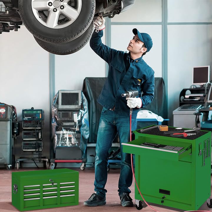 Greenvelly Metal Tool Chest,8-Drawer Rolling Tool Chest on Wheels,2 in 1 Detachable Tool Cabinets,Liners and Locking System for Warehouse, Garage,Workshop, Barbershop（Green） Greenvelly