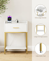 AEPOALUA Nightstand with Charging Station,Bedside Table with Drawer and 2 Shelf Storage, Small Side Table, Modern White Night Stand, Tall End Table for Bedroom, Living Room (White-Gold Legs) AEPOALUA