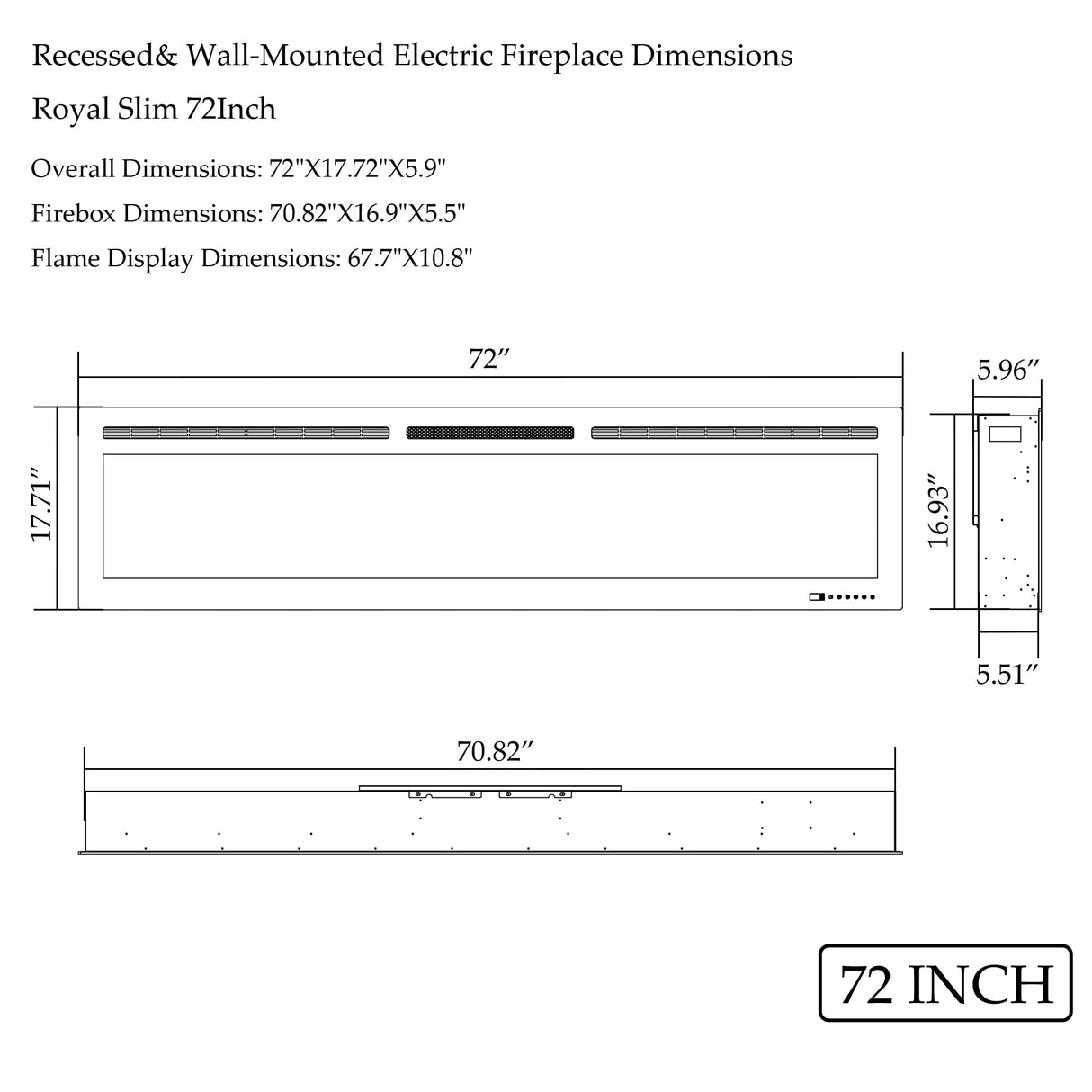 Dreamflame 72" WiFi-Enabled Electric Fireplace, Smart Control via Alexa or App, Recessed & Wall Mounted Fireplace Heater with Thermostat, Slim Frame, Multi-Color Combinations, Black Dreamflame