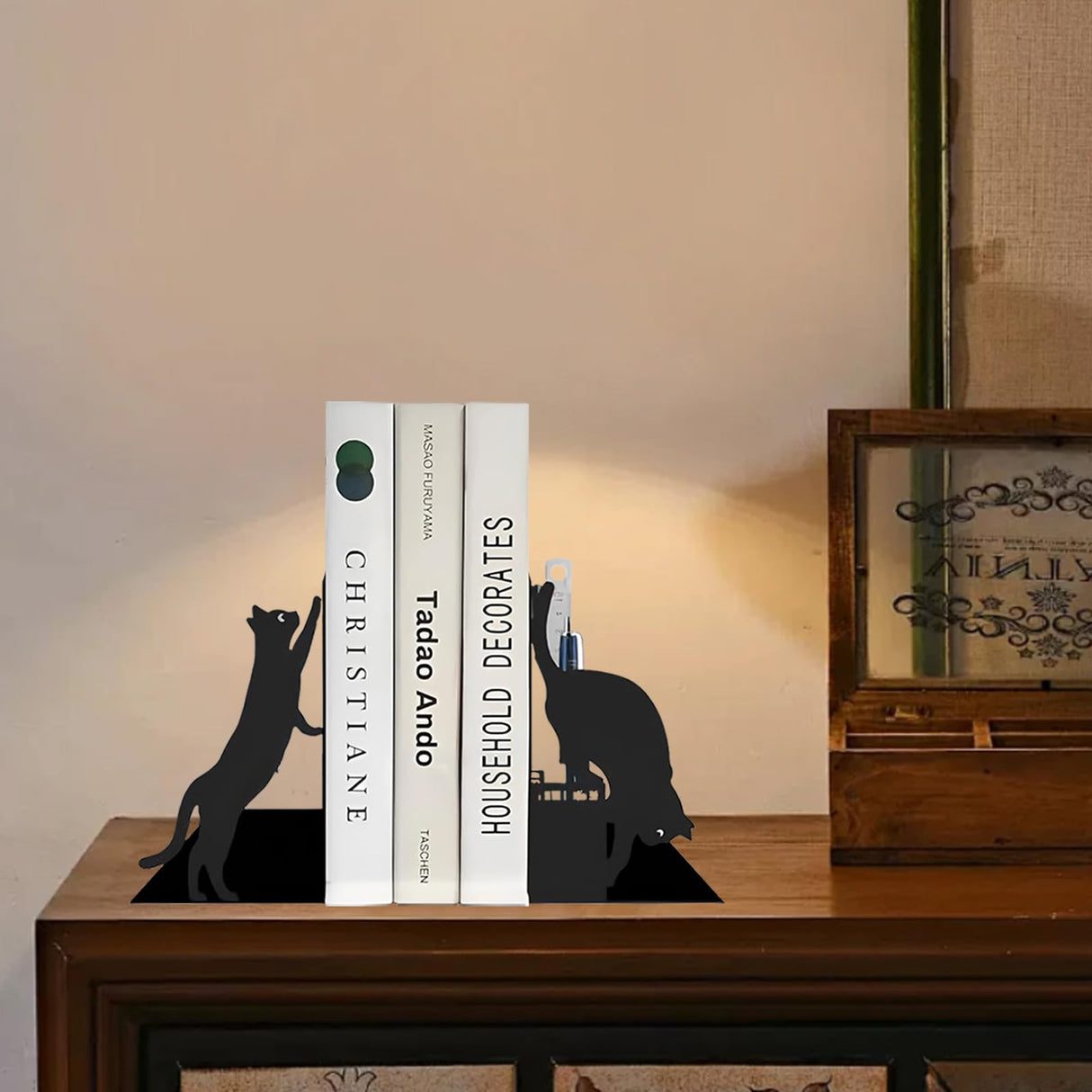 Gift for Dad, Cat Book Ends for Shelves, Decorative Book Ends with Pen Holder, Fun Unique Bookends, Cool Black Cat Bookends, Home Office Desk Bookshelf Decor, for Dad and Lover ENCIMART