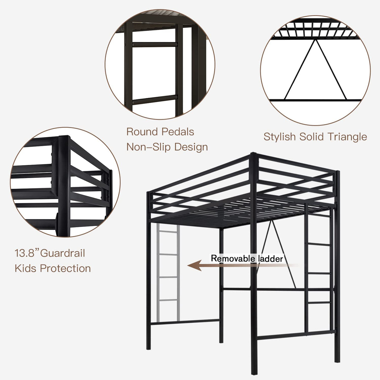 Multifunctional Metal Loft Bed Twin Size with Safety Guard and Removable Ladder in Matte Black ikalido