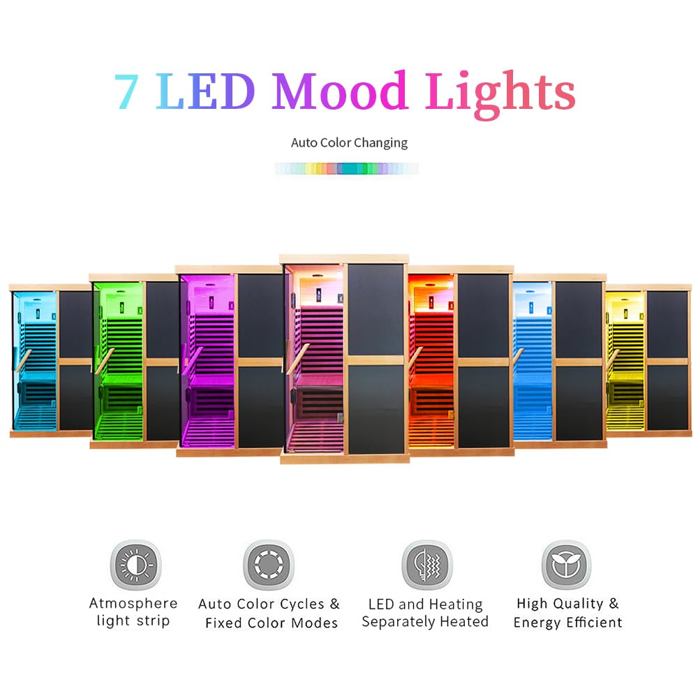OUTEXER 2 Person Sauna Infrared Saunas APP Control 7 Color Light 1980W Wooden Home Spa Room Canadian Hemlock Wood Low-EMF Indoor Saunas 47.2 * 47.2 * 75.6inch OUTEXER