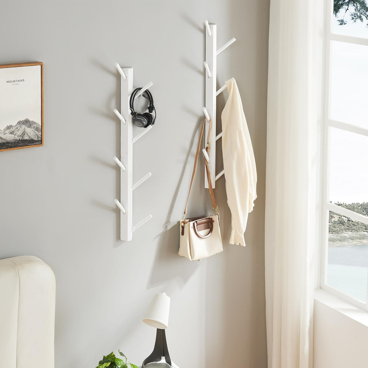 TIOPGHAD 2 Pack Coat Rack Vertical Wall Mount, Bamboo Coats Hooks Clothes Holder Hanger for Wall Coat Hat Jacket Clothing Bathroom Robes Mudroom Entryway(White) TIOPGHAD