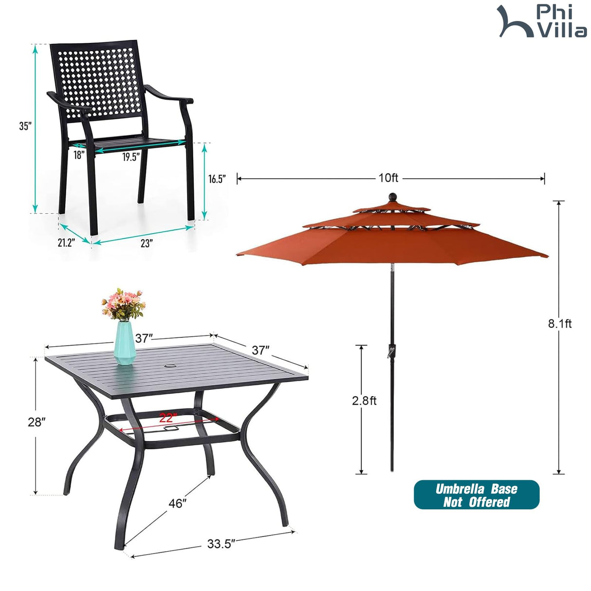 PHI VILLA 5 Pieces Patio Dining Set for 4 with 10ft Patio Umbrella, Metal Outdoor Stackable Wrought Iron Chair Set of 4 & 37" Metal Dining Table,3 Tier Vented Market Table Orange Red Umbrella PHI VILLA