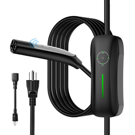 RhEVchar Level 1+2 EV Charger Tesla NACS 16A Mobile Electric Car Charger 110V/240V with NEMA 5-15 Plug and 6-20 Plug 25FT Cable 3.84KW Adjustable 16 Amps Vehicle Charging Stations for Tesla RhEVchar