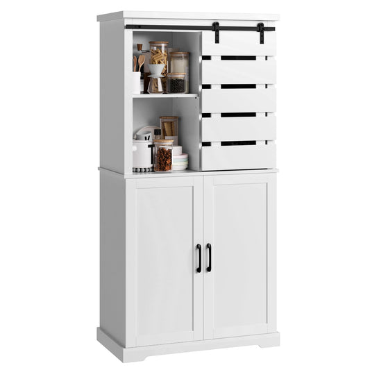 BOTLOG Tall Kitchen Pantry, Large Wood Storage Cabinet with Sliding Barn Door and Adjustable Shelves, Tall Freestanding Cupboard for Dining Room, Living Room, Laundry, White