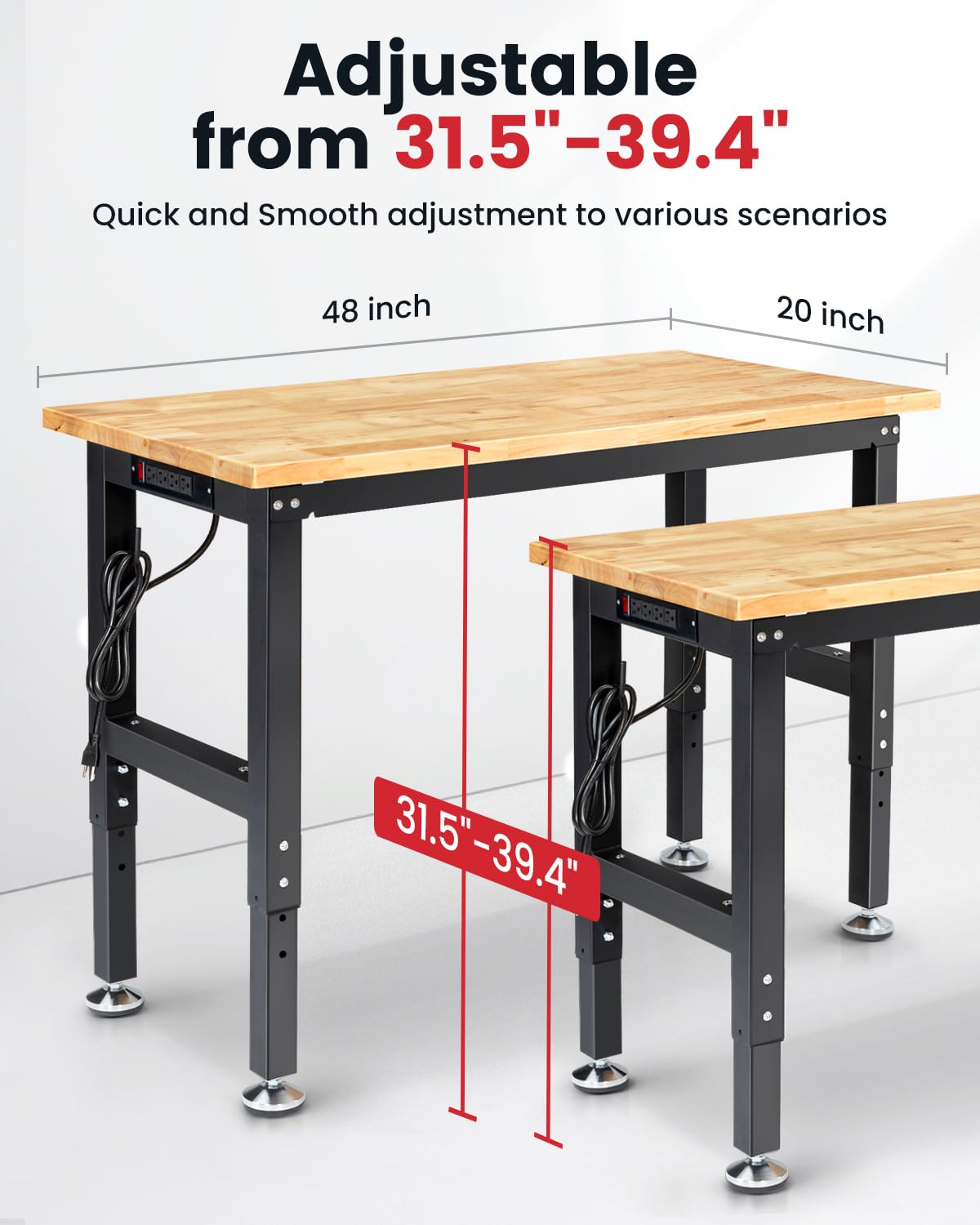 Workbench for Garage 48 Inch Work Bench Table Adjustable Height Rubberwood Tabletop Work Table with Power Outlets for Woodworking Shop Home Office Electronic Cutting Wood - WoodArtSupply