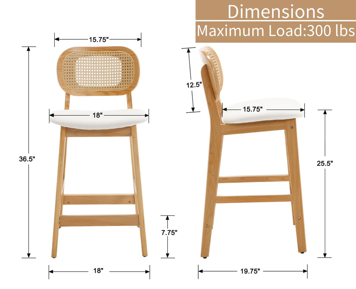 Shunzhi Rattan Counter Height Bar Stools Set of 2 Upholstered Farmhouse Barstools with Cane Back Boho Wood Kitchen Island Chairs Comfy Bar Chairs for Pub/Home Bar, Linen Beige Shunzhi