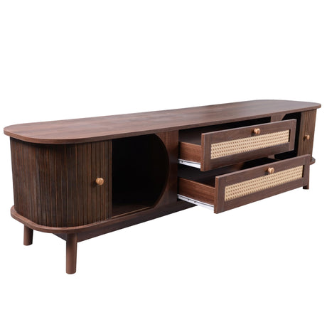 Rattan TV Stand for TVs up to 75'', Farmhouse Media Console with 2 Drawers and Storage Cabinet, Entertainment Center with Solid Wood Legs, TV Cabinet JIVOIT