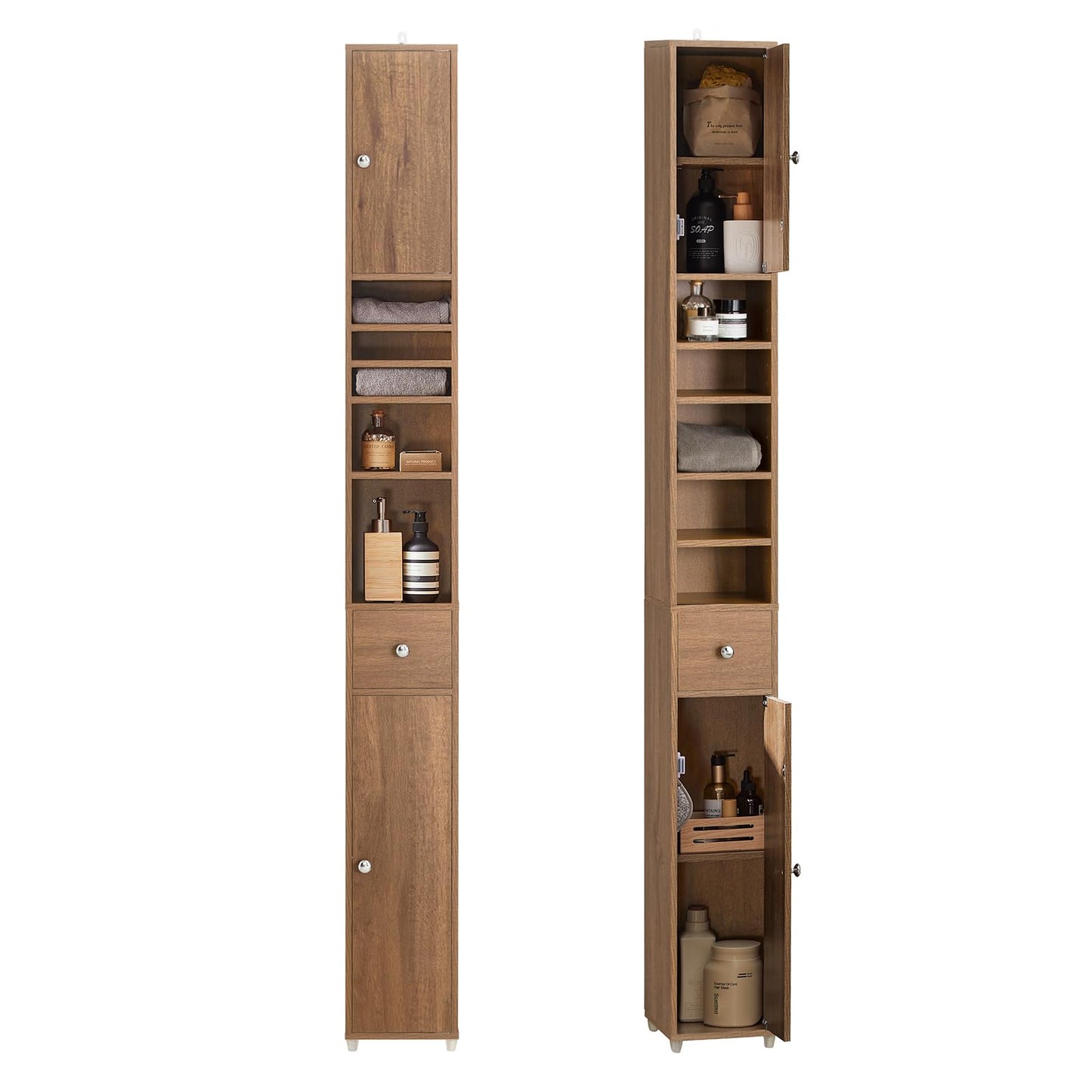 SoBuy Natural Bathroom Tall Cabinet with Drawer, Doors, and Adjustable Shelves - WoodArtSupply