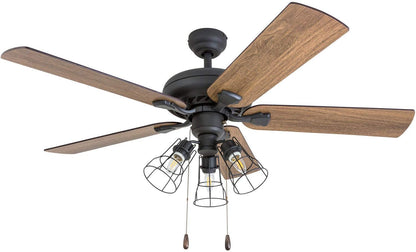 Prominence Home Lincoln Woods, 52 Inch Industrial Style LED Ceiling Fan with Light, Remote Control, Three Mounting Options, 5 Dual Finish Blades, Reversible Motor - 50745-01 (Bronze)