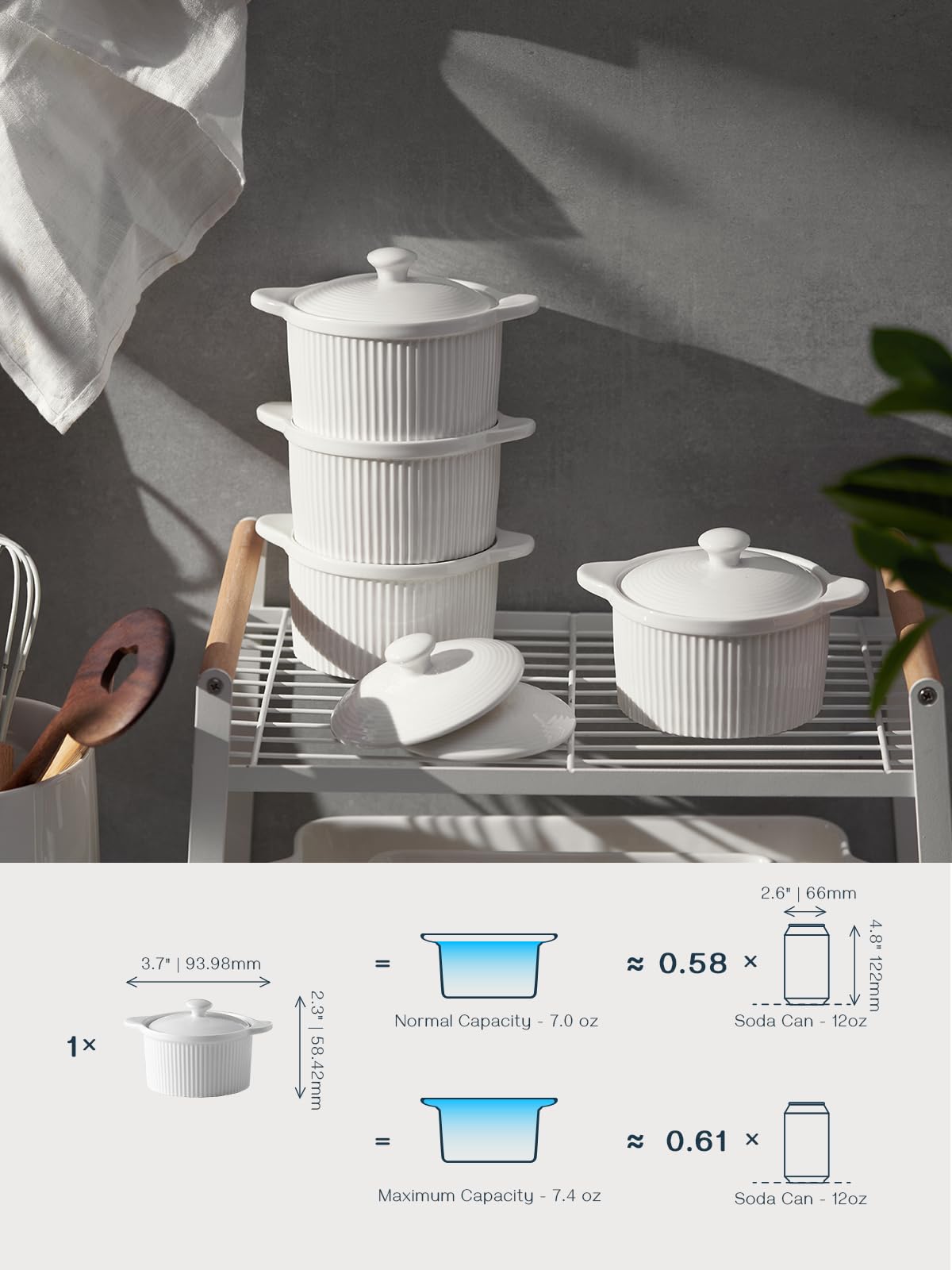 DOWAN 7 oz Ramekins with Lids Oven Safe, Creme Brulee Ramekins with Cover and Handle, Stackable Ceramic Bowls for Baking, Pudding, Dipping, Souffle Dish, Set of 4, White DOWAN