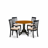 East West Furniture DLAN5-BCH-C 5 Piece Dining Table Set for 4 Includes a Round Kitchen Table with Dropleaf and 4 Linen Fabric Kitchen Dining Chairs, 42x42 Inch, Black & Cherry East West Furniture