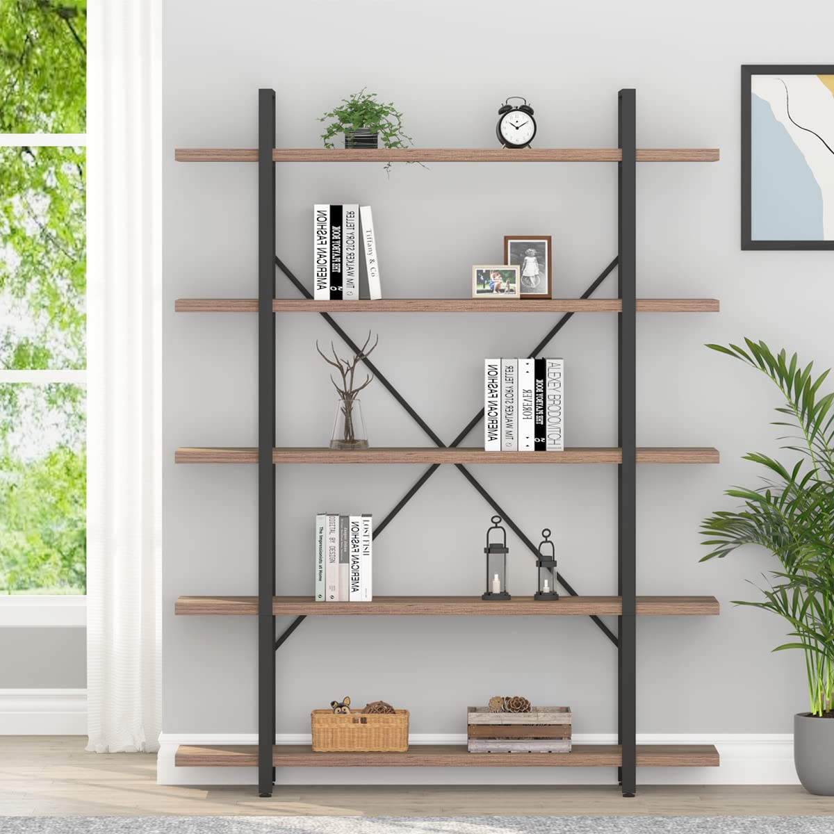 Industrial Rustic Oak 5-Tier Bookshelf Etagere for Home and Office Storage HSH