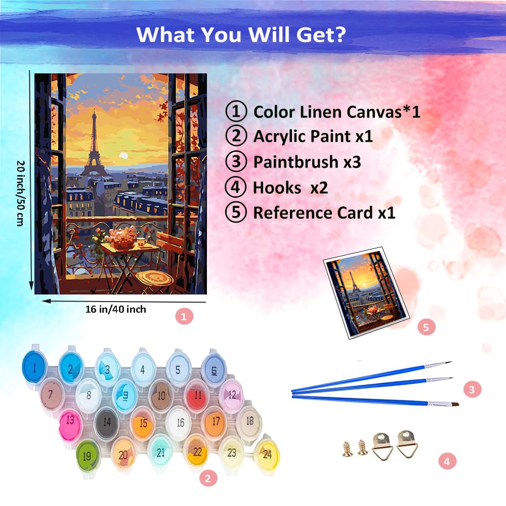 JUJUHOOD Romantic View Paris from Window Paint by Numbers Kit for Adults,Eiffel Tower Adult Paint by Number Kits,DIY Acrylic Paint by Number on Canvas for Home Wall Decor 16X20 Inch JUJUHOOD
