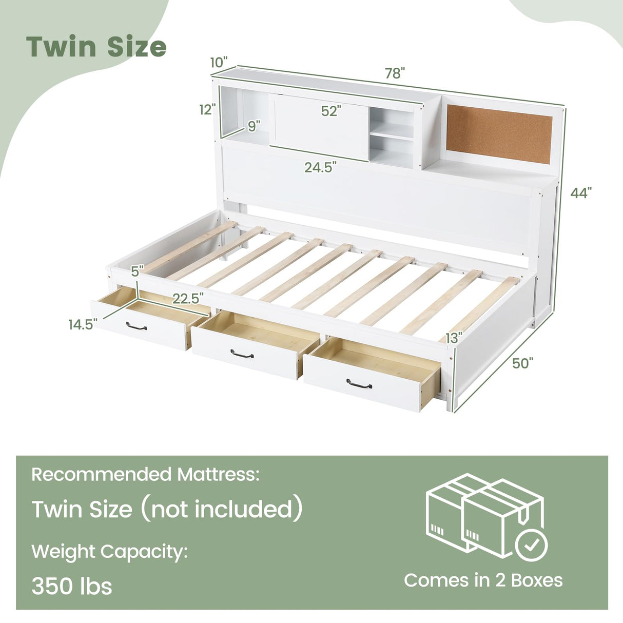 Giantex White Twin Daybed with 3 Storage Drawers, Cork Board & Sliding Door Giantex