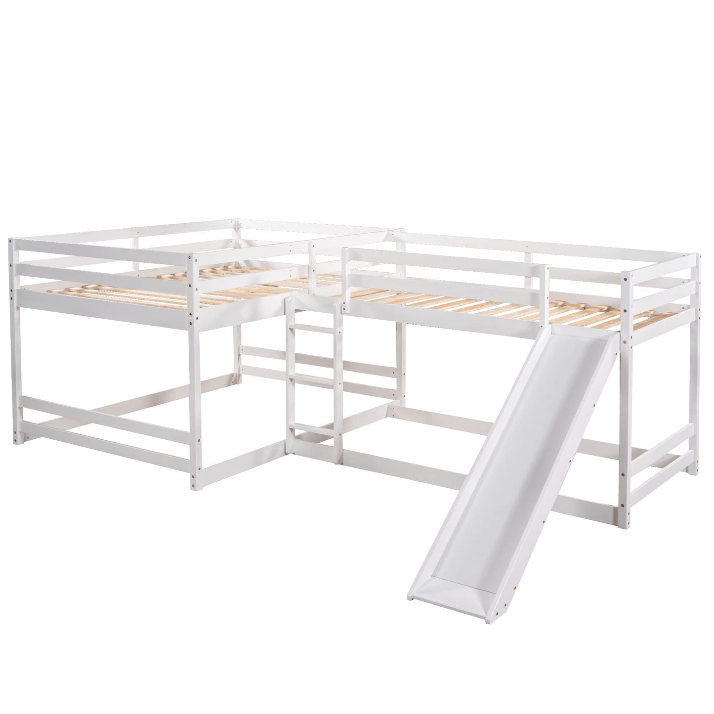 VilroCaz L-Shaped Bunk Bed Twin Over Twin and Full Over Full Size, Solid Wood 4 in 1 Design Quad Bunk Bed Frame with Slide and Safety Guardrail for Kids Teens Adults, Maximized Space (White-Quad)