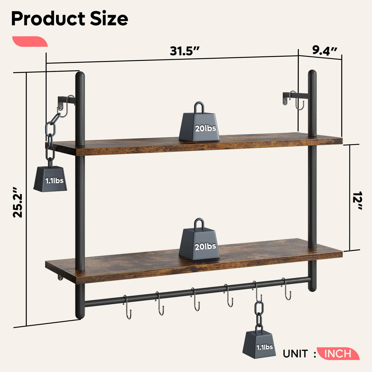 Bestier Pipe Shelf Industrial Floating Shelving 31" Kitchen Wall-Mounted Shelf with Towel Bar Hooks Coffee Bar Shelves Wine Hanging Display Rack Bookshelf Living Room Decor Bathroom-Rustic Brown Bestier