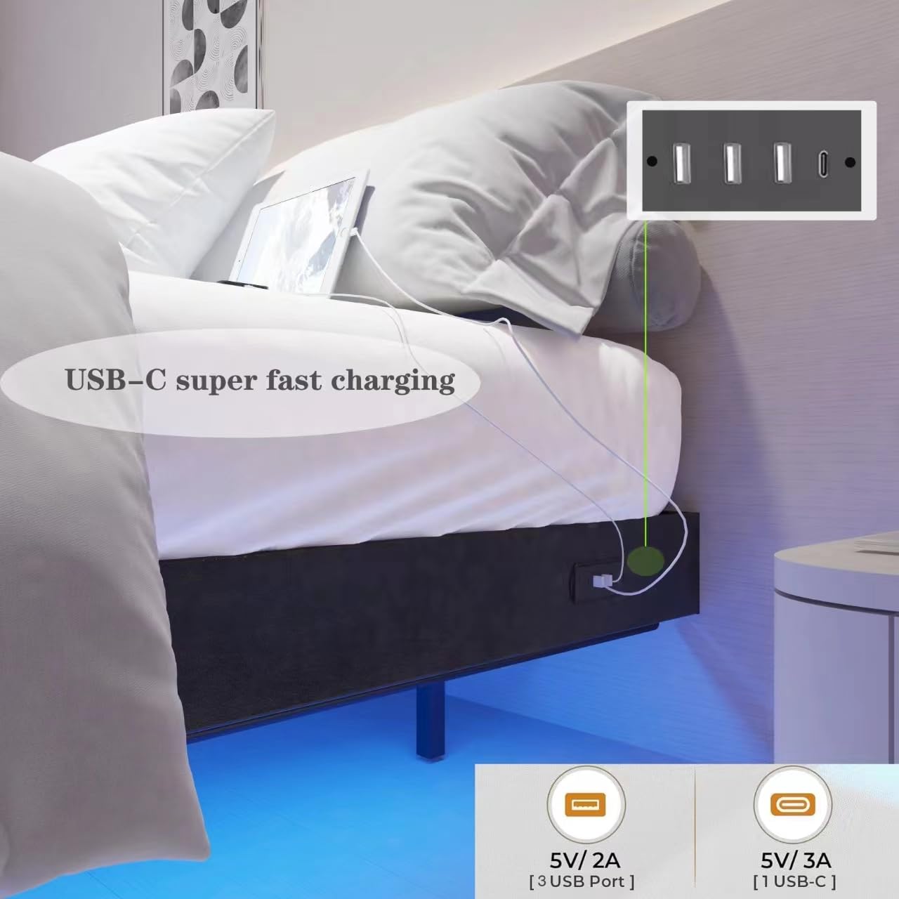 SAVOLIFE Queen Size Floating Bed Frame with LED Lighting and Built-in Charging Station - WoodArtSupply