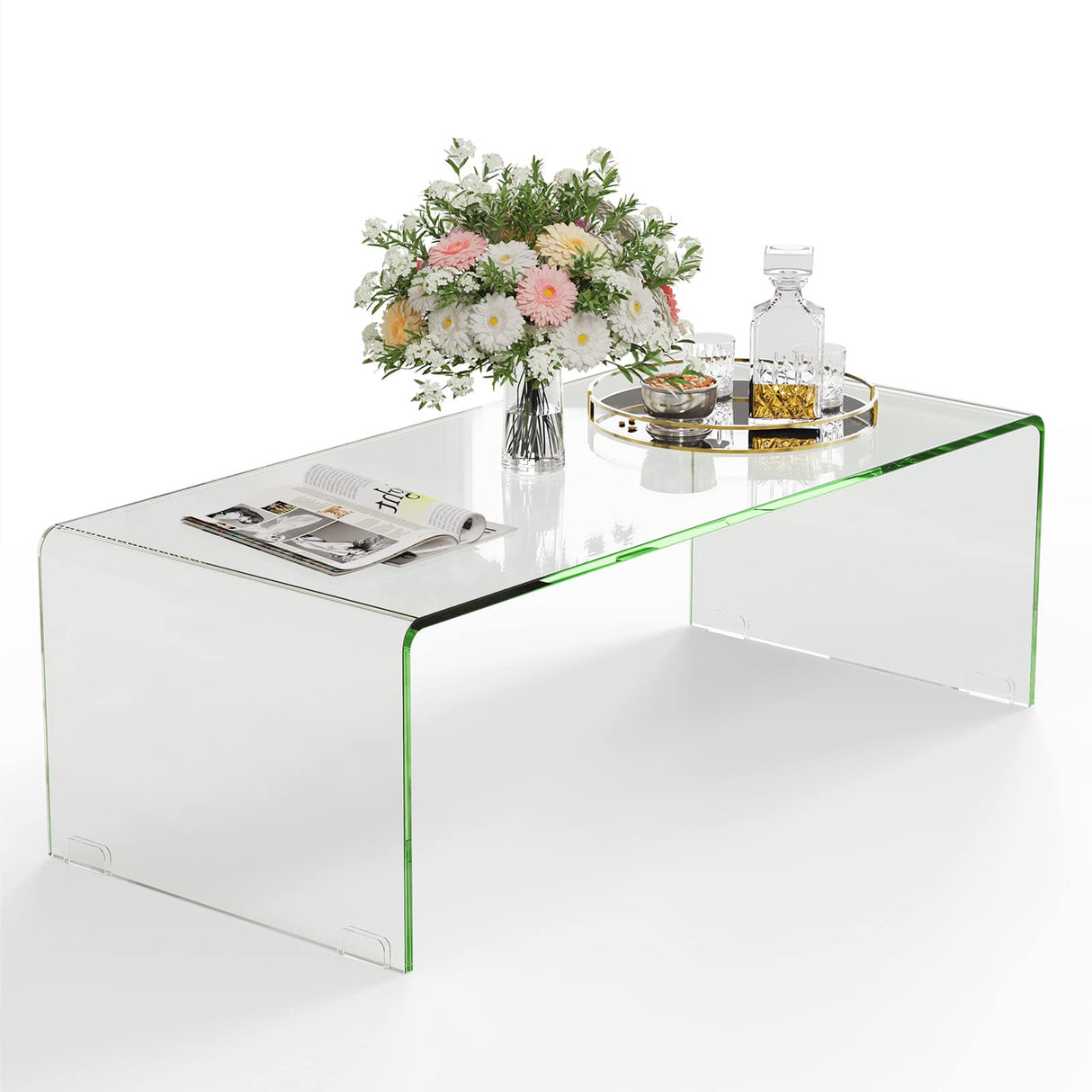 Tangkula Glass Coffee Table, 42.5" L × 20" W ×14" H, Modern Home Furniture, Clear Tempered Glass End Table, International Occasion Tea Table, Waterfall Table with Rounded Edges (Clear) Tangkula