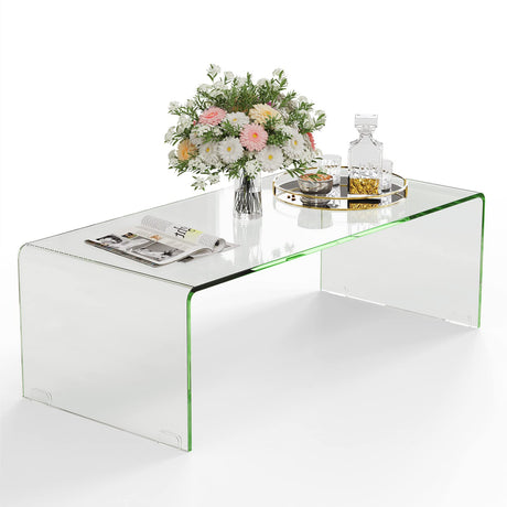 Tangkula Glass Coffee Table, 42.5" L × 20" W ×14" H, Modern Home Furniture, Clear Tempered Glass End Table, International Occasion Tea Table, Waterfall Table with Rounded Edges (Clear) Tangkula