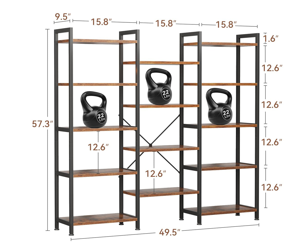 Casaottima Triple 5 Tier Bookshelf, Large Bookcase with 14 Open Display Shelves, Modern Industrial Book Shelves Book Case for Bedroom, Wide Standing Shelving Unit for Living Room Home Office, Vintage Casaottima