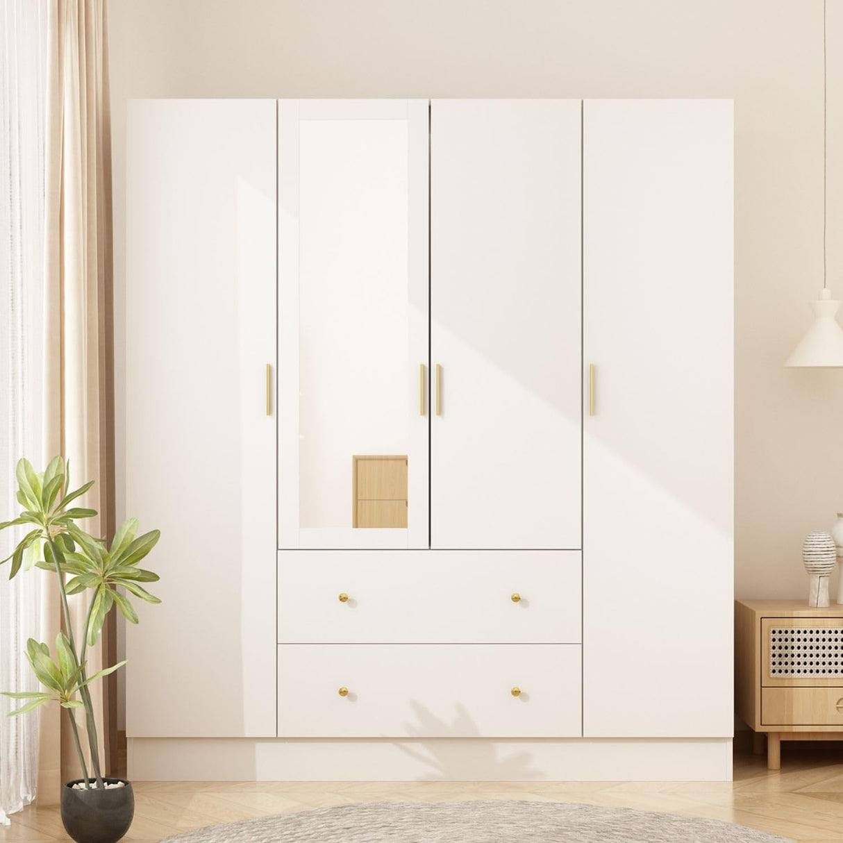 MOUMON 4 Door Wardrobe Armoire Closet with Mirror Door & Shelves, Armoire Wardrobe Closet with 2 Hanging Rods, Armoires and Wardrobes with 2 Drawers, White (63”W x 19.7”D x 70.9”H) MOUMON