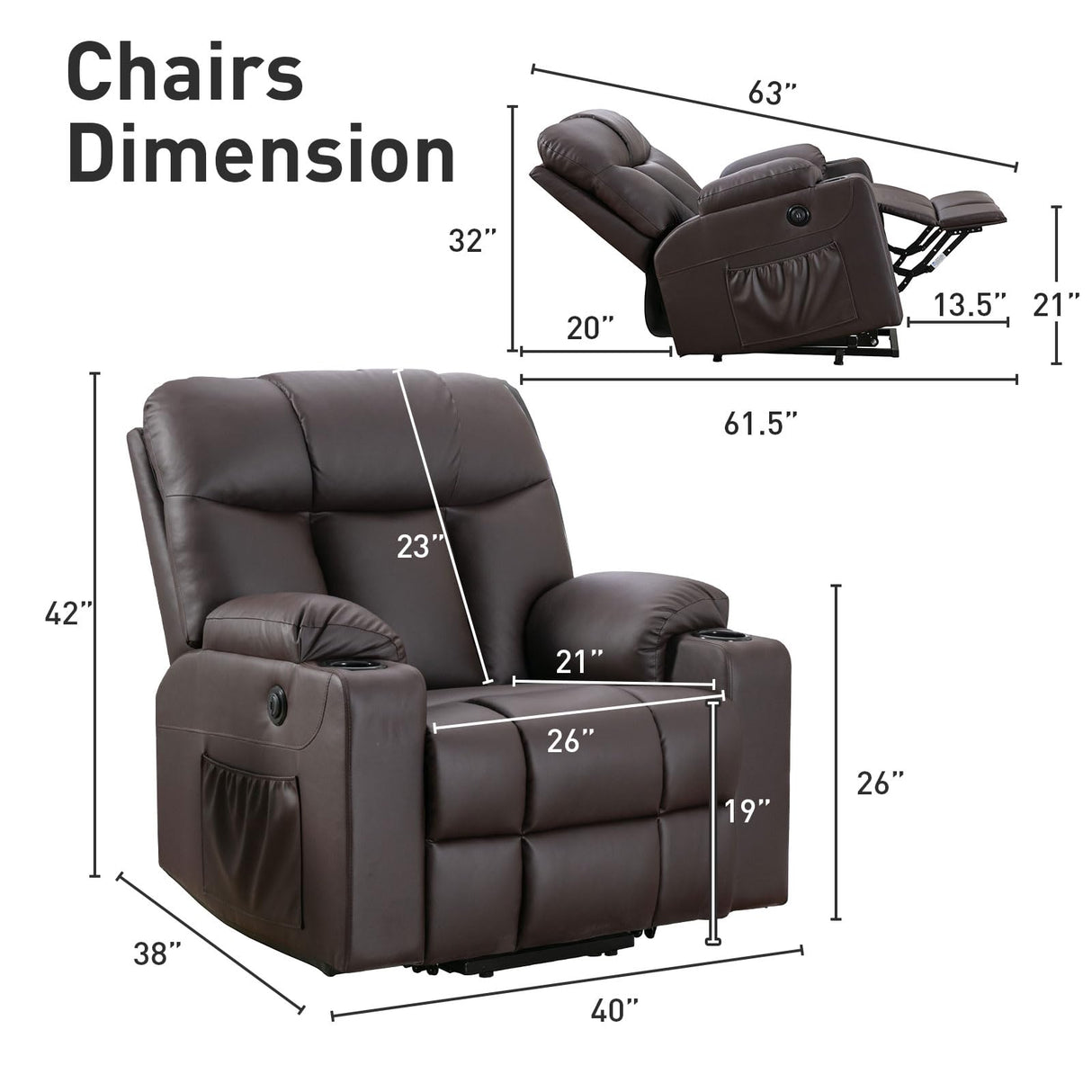 Bonzy Home Oversized Power Lift Recliner Chair for Elderly, Faux Leather Lift Chair with Heated and Massage, Extra Wide Single Sofa with 2 Cup Holders, Side Pockets, USB Port, Brown Bonzy Home