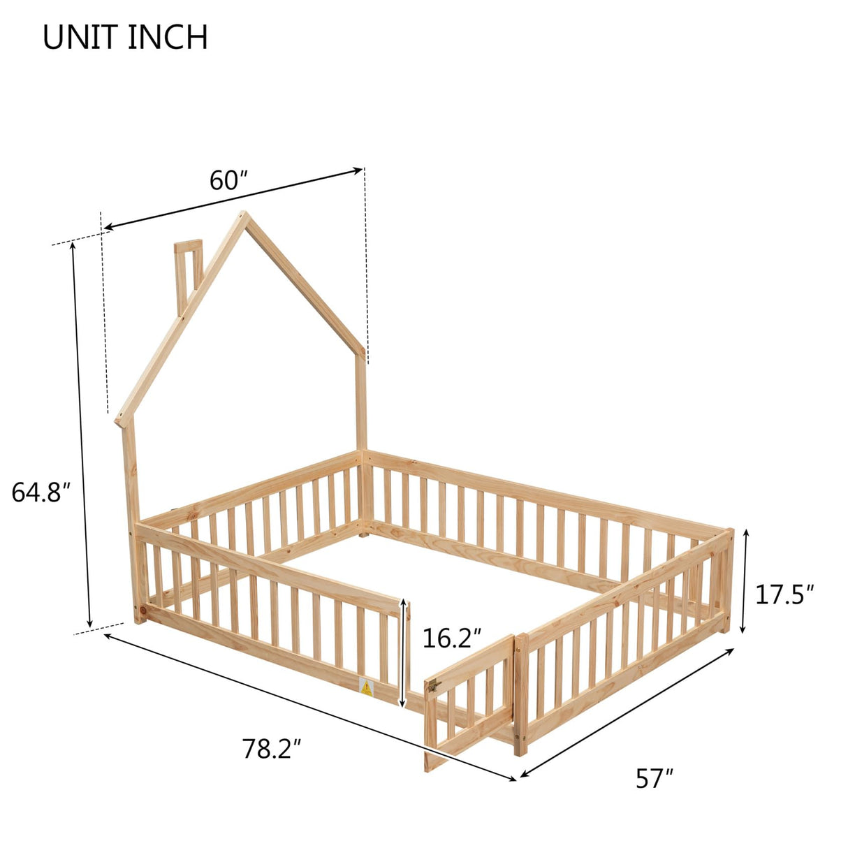 TURRIDU Full Size Montessori House-Shaped Floor Bed with Fence and Door in Natural Wood TURRIDU