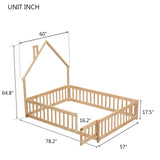 TURRIDU Full Size Montessori House-Shaped Floor Bed with Fence and Door in Natural Wood TURRIDU