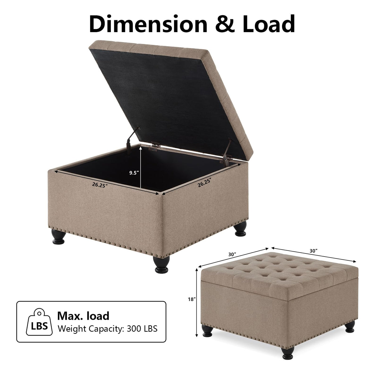 BAOMKONG Upholstered Square Ottoman, 30 Inch Linen Fabric Button Tufted Storage Ottoman with Wooden Legs Coffee Table with Nail Trims 4 in 1 Storage Chest Footrest Padded Seat End Table, Khaki BAOMKONG