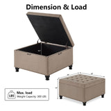 BAOMKONG Upholstered Square Ottoman, 30 Inch Linen Fabric Button Tufted Storage Ottoman with Wooden Legs Coffee Table with Nail Trims 4 in 1 Storage Chest Footrest Padded Seat End Table, Khaki BAOMKONG