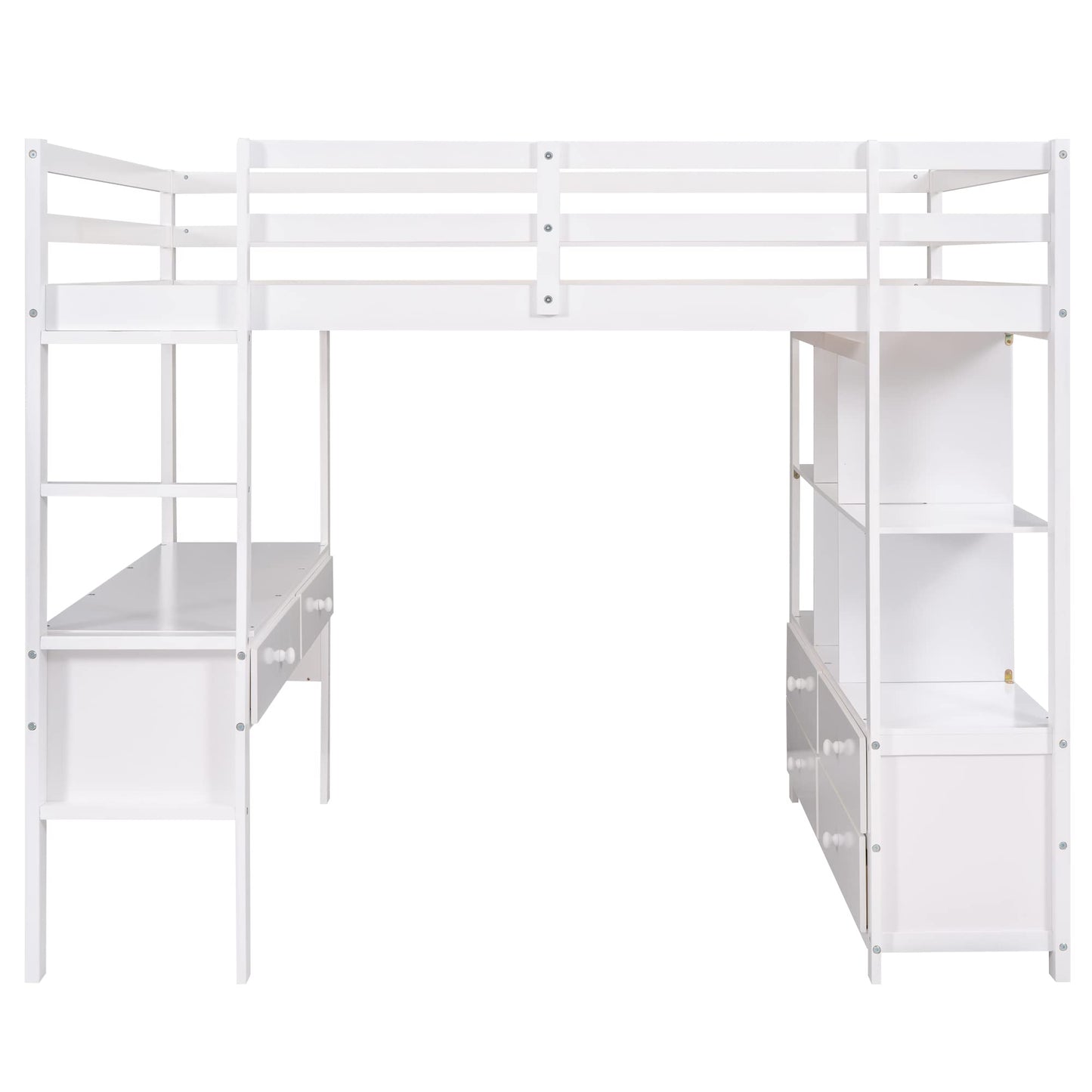 Harper & Bright Designs White Full Loft Bed with Desk and Storage Cabinet, Wood Full Size Loft Beds Frame with Bookcase and Shelves, Modern Full Loft Bed for Kids Teens Adults Boys Girls