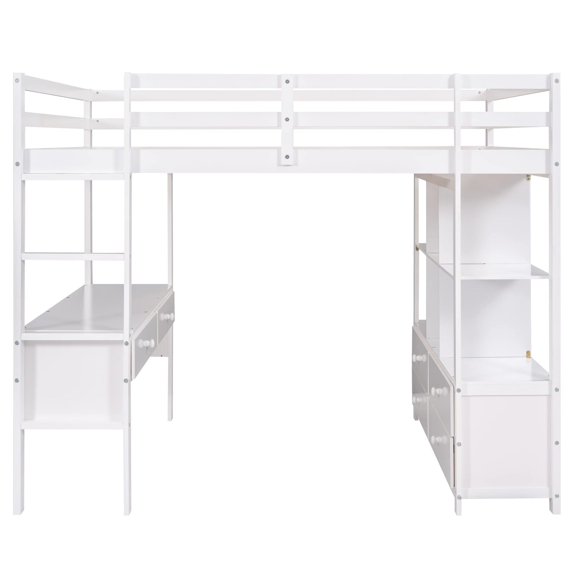 Multifunctional White Loft Bed with Desk, Storage, and Bookshelf by Harper & Bright Designs - WoodArtSupply