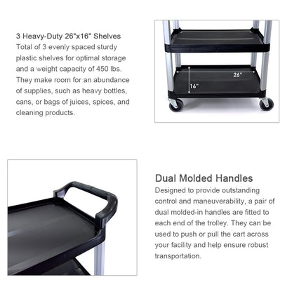 Commercial Heavy-Duty Utility Service Cart | 3 Shelf | | 450 Lbs Max Capacity | Rolling Utility Cart W 33" x H 37" x D 16" Black