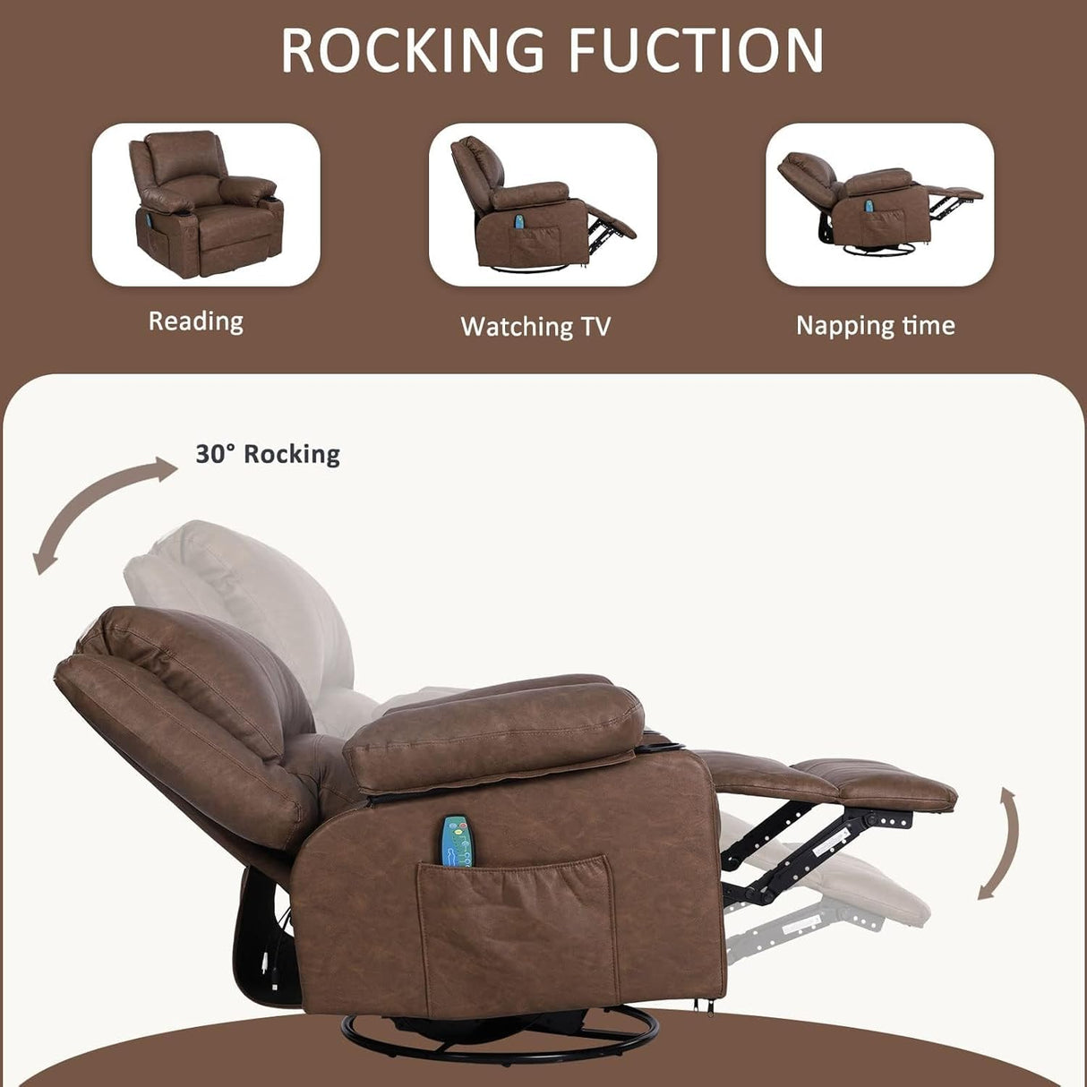 Rocker Recliner Chairs with Massage and Heat, Overstuffed Leather Swivel Recliner Chairs for Adults, Manual Rocking Single Sofa Lounge Chair Recliners with Cup Holders for Living Room,Men,Women,Brown KCREAM