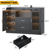 Melodyblue Buffet Cabinet, 48" Farmhouse Sideboard Buffet Storage Cabinet with Led Lights, Versatile Glass Doors, Sturdy MDF Construction, Coffee Bar Cabinet for Dining Room (Black) Melodyblue