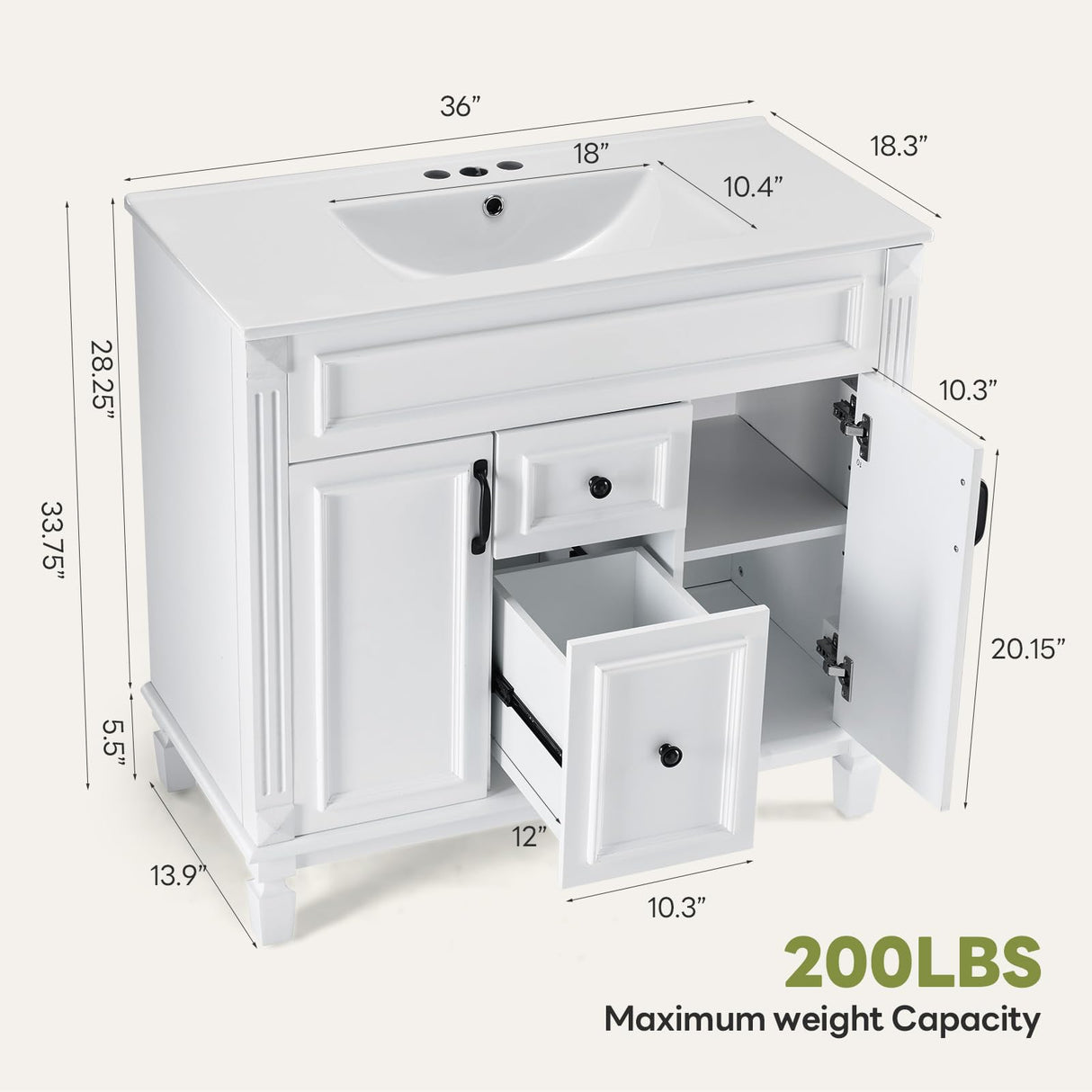 Sweetcrispy 36" Bathroom Vanity with Sink, Bathroom Storage Vanity Sink with 2 Doors& 2 Drawers, Farmhouse Wooden Free Standing Bathroom Cabinet with Sink, Easy Assembly, NO Mirror Faucet (White) Sweetcrispy