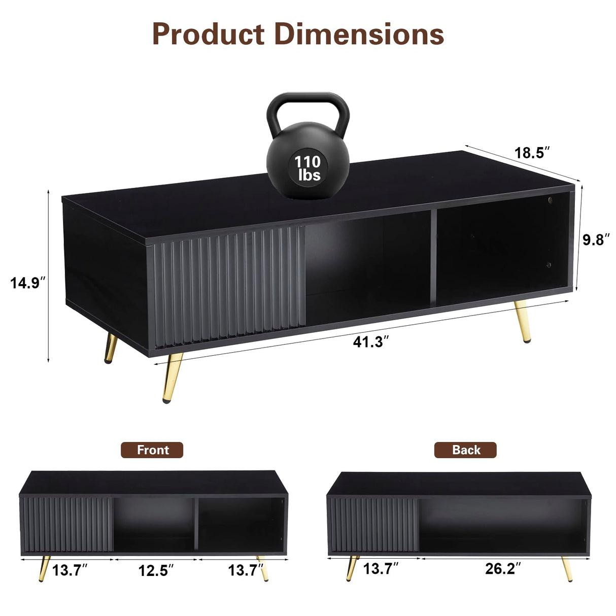 COSVALVE 41.3IN LED Black Coffee Tables for Living Room with 16 Colors LED Lights, Modern Minimalist Coffee Table with Fluted Panel, Rectangle Center Table Game Table COSVALVE