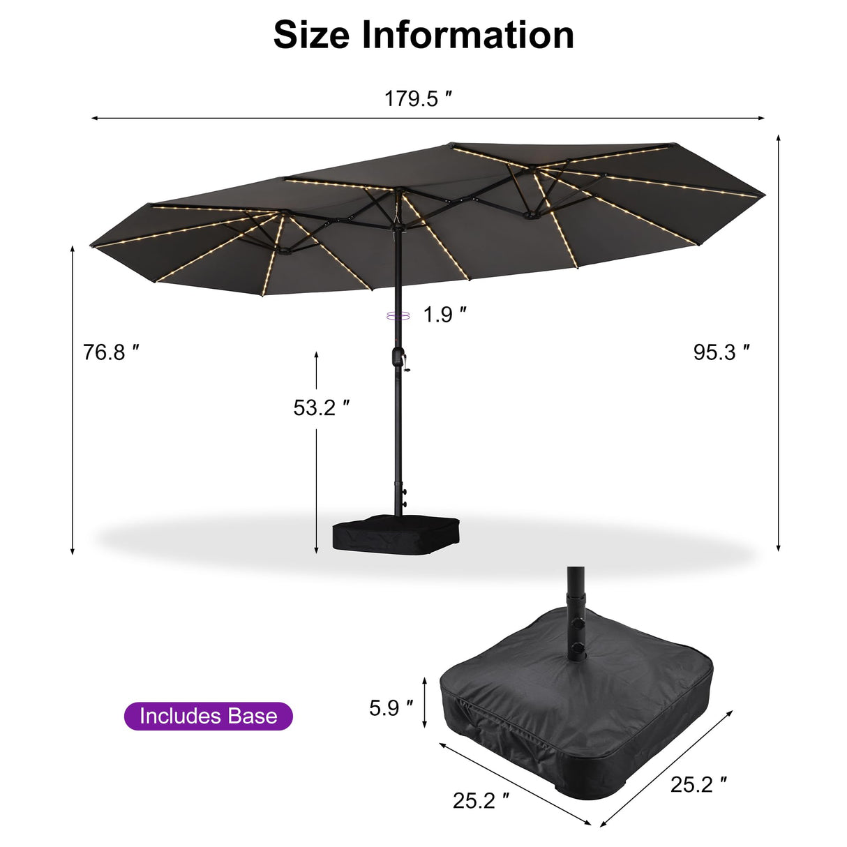 PURPLE LEAF 15ft Patio Market Umbrella with Solar LED and Base Double-Sided Rectangle Outdoor Table Sun Umbrellas with Crank for Pool Beach Deck Backyard Light Gray PURPLE LEAF