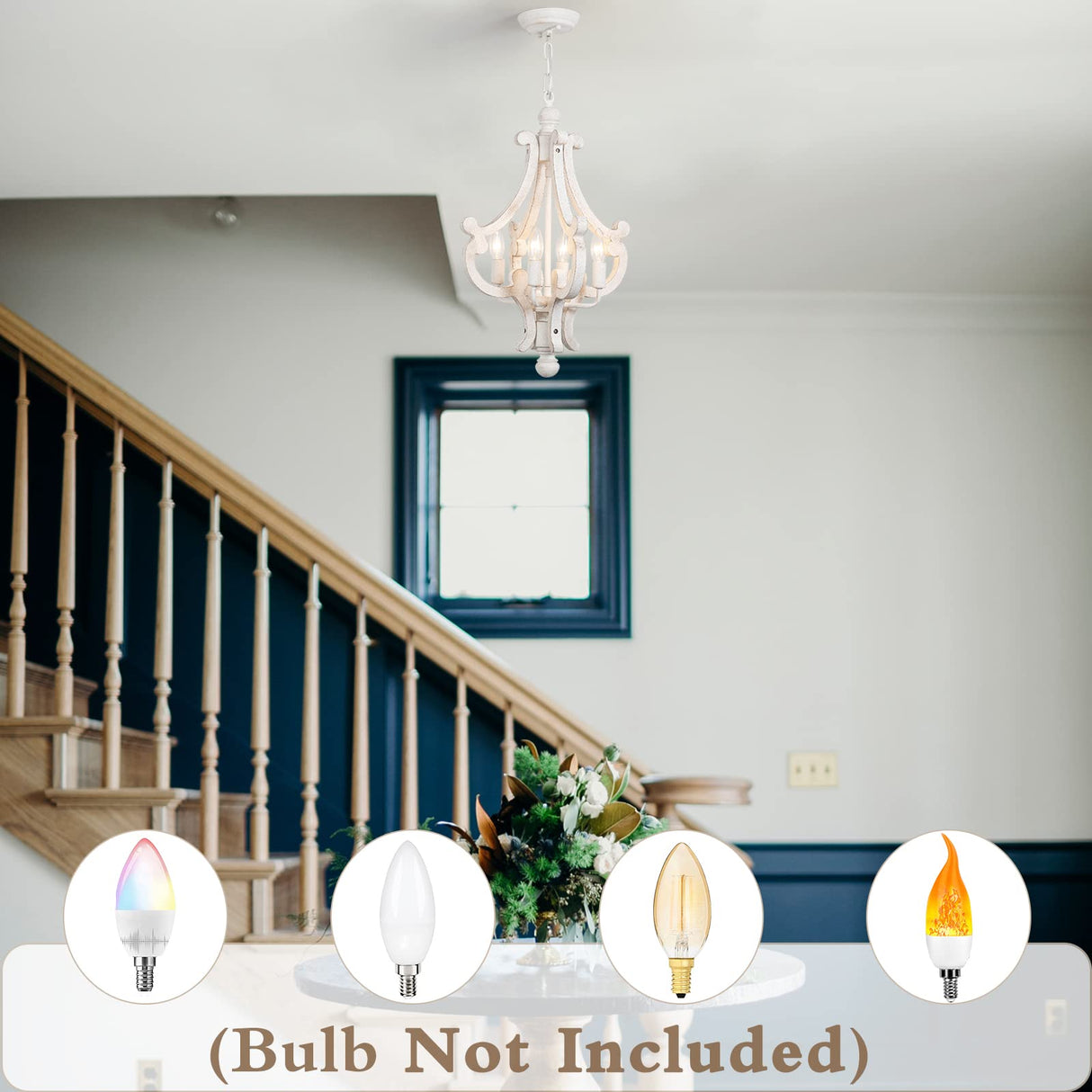 ALISADABOY Farmhouse Rustic Wood Light Fixture Distressed White Dining Room Pendant Chandelier French Country 4 Light Candle Hanging Lamp for Kitchen Island Living Room Bedroom Entryway Foyer ALISADABOY