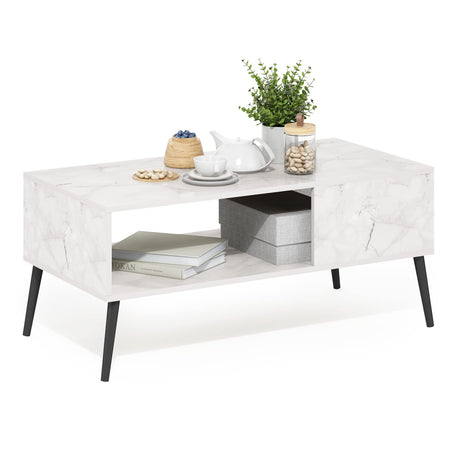 Furinno Claude Mid Century Style Coffee Table with Wood Legs, Marble White Furinno